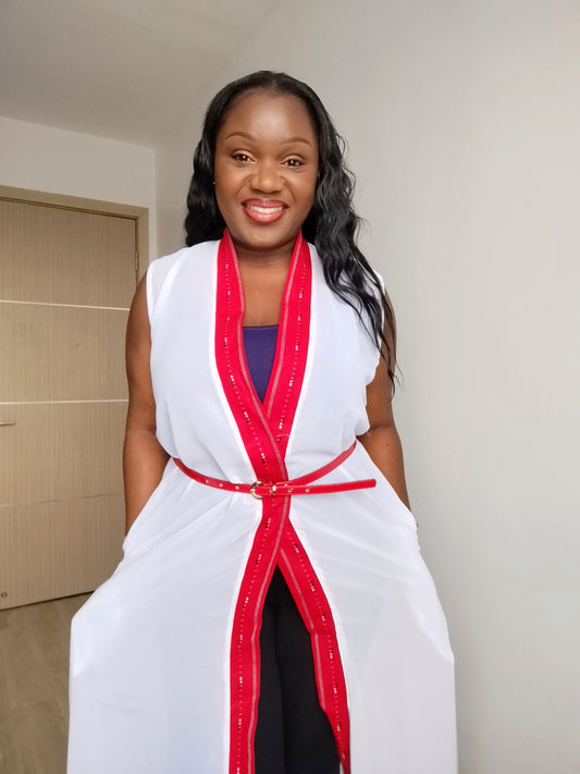Mwema Kimono with deep red Maasai binding